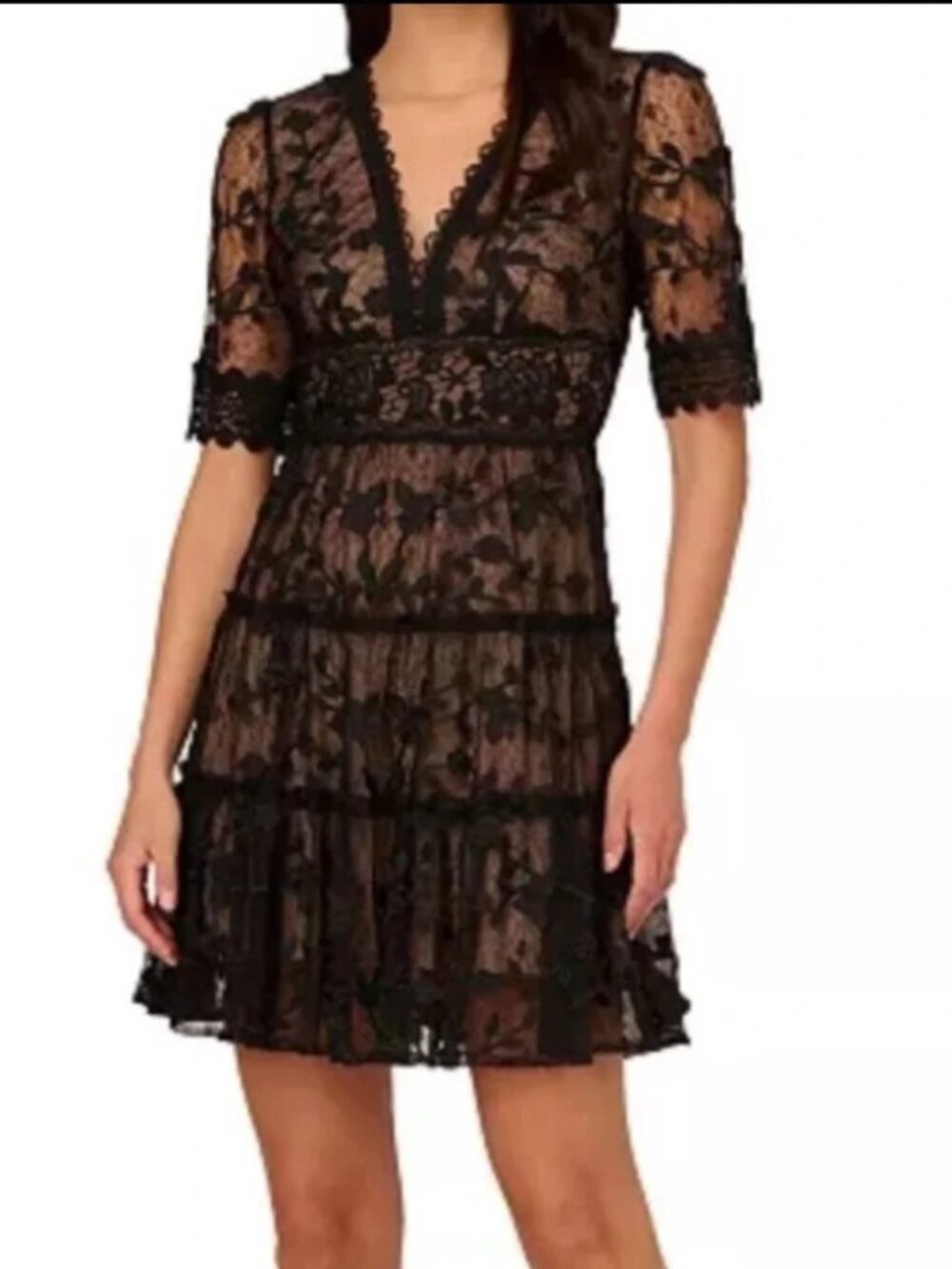 Adrianna Papell Black Lace Embroidery Cocktail / Party Dress NWT